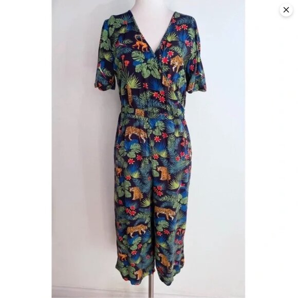 Sugarhill Brighton Jungle Floral Tiger Monkey Wrap Front Cropped Jumpsuit US 6 - Picture 2 of 10